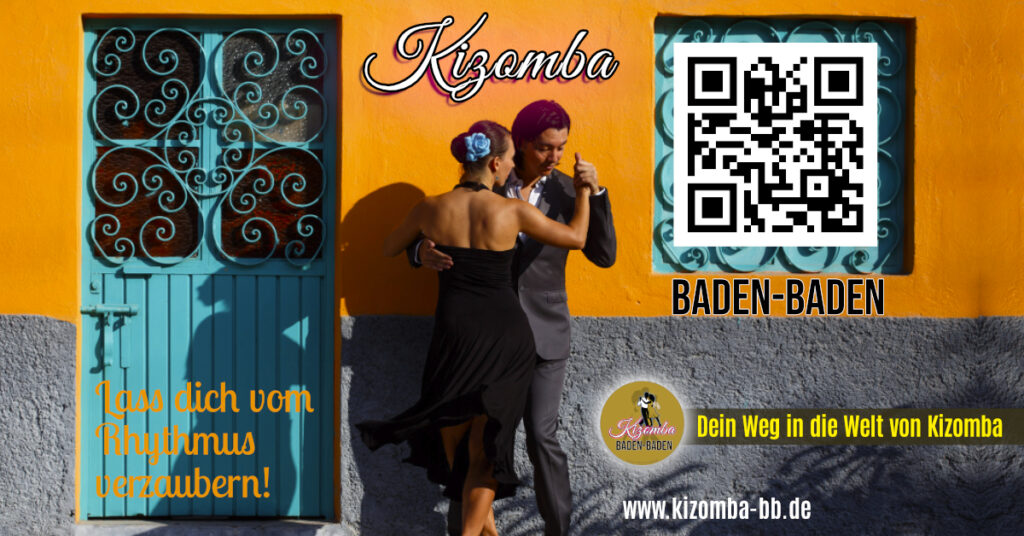 Ein tanzendes Paar in eleganter Kleidung vor farbenfroher Hauswand mit QR-Code – Werbung für Kizomba-Tanzkurs in Baden-Baden.