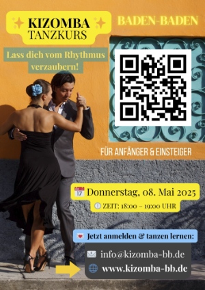 Kizomba Tanzkurs in Baden-Baden – tanzendes Paar vor einer farbigen Wand, mit QR-Code zur Anmeldung.