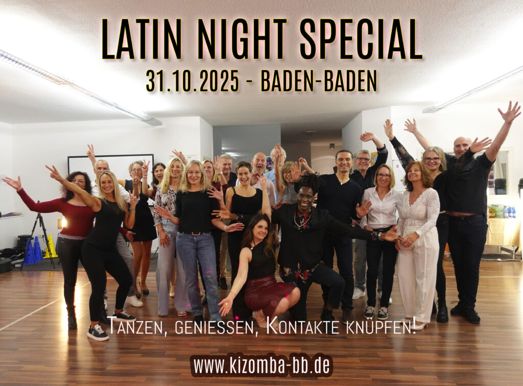 Am 31.10.2025 fand unser erstes Latin Night Special in Baden-Baden statt – ein Abend, den niemand so schnell vergessen wird. Rund 25 Teilnehmer haben gemeinsam getanzt, gelacht und den Zauber der Musik erlebt. Los ging es mit einem entspannten Sektempfang, bei dem sich alle in lockerer Atmosphäre kennenlernen konnten. Danach starteten wir mit einem Kizomba-Anfängerkurs, gefolgt von einer kleinen Pause – mit schönen Gesprächen und ersten Tanzmomenten.